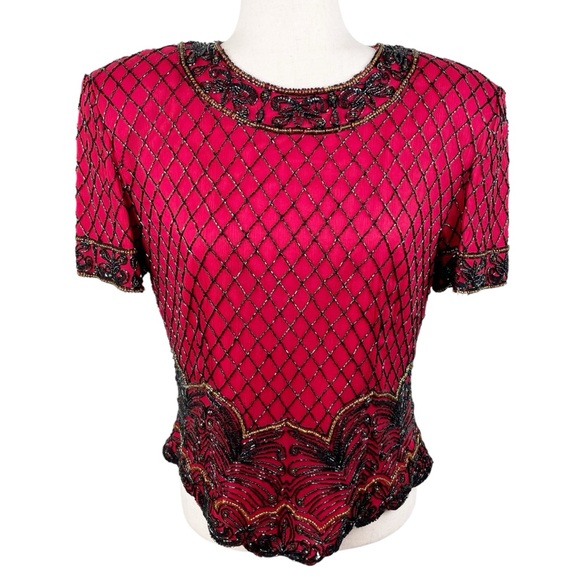 Vintage 80s Papell Boutique Evening Red Silk Beaded Top Women's Size Large - Picture 1 of 9